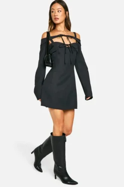 Bodycon Dresses|Mini Dresses*boohoo Tall Bardot Cut Out Tailored Mini Dress black