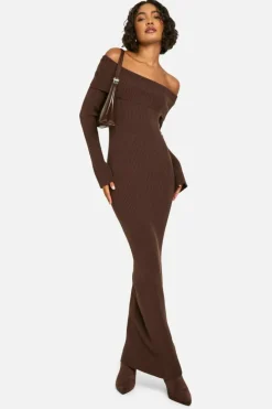 Maxi Dresses|Jumper Dresses*boohoo Tall Bardot Ribbed Knit Maxi Dress chocolate
