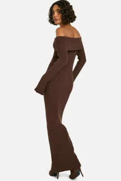 Maxi Dresses|Jumper Dresses*boohoo Tall Bardot Ribbed Knit Maxi Dress chocolate