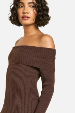 Maxi Dresses|Jumper Dresses*boohoo Tall Bardot Ribbed Knit Maxi Dress chocolate