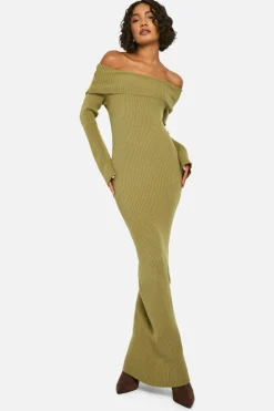 Maxi Dresses|Jumper Dresses*boohoo Tall Bardot Ribbed Knit Maxi Dress khaki