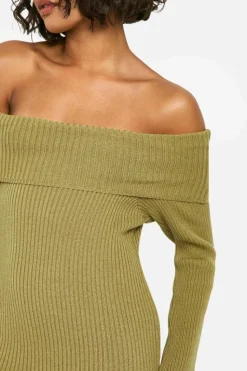 Maxi Dresses|Jumper Dresses*boohoo Tall Bardot Ribbed Knit Maxi Dress khaki