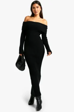 Maxi Dresses|Long Sleeve Dresses*boohoo Tall Bardot Ribbed Knit Maxi Dress black