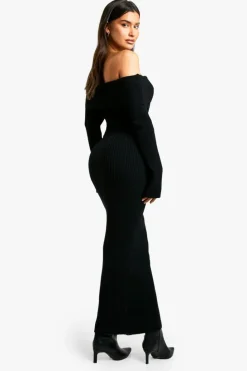 Maxi Dresses|Long Sleeve Dresses*boohoo Tall Bardot Ribbed Knit Maxi Dress black