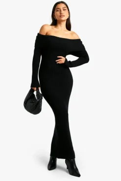 Maxi Dresses|Long Sleeve Dresses*boohoo Tall Bardot Ribbed Knit Maxi Dress black