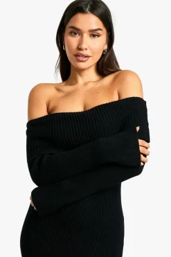 Maxi Dresses|Long Sleeve Dresses*boohoo Tall Bardot Ribbed Knit Maxi Dress black
