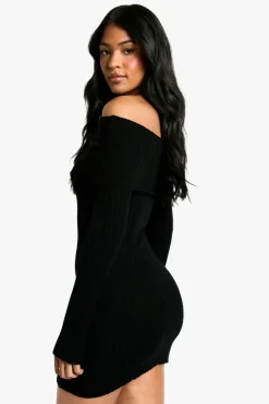 Jumper Dresses|Jumper Dresses*boohoo Tall Bardot Ribbed Knit Skater Dress black