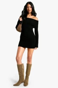Jumper Dresses|Jumper Dresses*boohoo Tall Bardot Ribbed Knit Skater Dress black