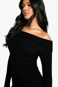 Jumper Dresses|Jumper Dresses*boohoo Tall Bardot Ribbed Knit Skater Dress black