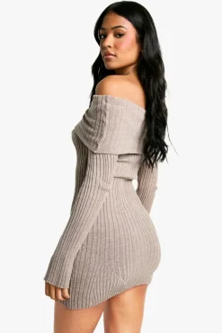 Jumper Dresses|Jumper Dresses*boohoo Tall Bardot Ribbed Knit Skater Dress stone