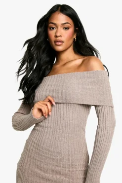 Jumper Dresses|Jumper Dresses*boohoo Tall Bardot Ribbed Knit Skater Dress stone