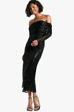 Bodycon Dresses|Long Sleeve Dresses*boohoo Tall Bardot Sequin Lace Midaxi Dress black