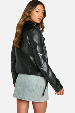 Up To 80% Off Winter Warmers|Biker Jackets*boohoo Tall Belt Detail Faux Leather Biker Jacket black
