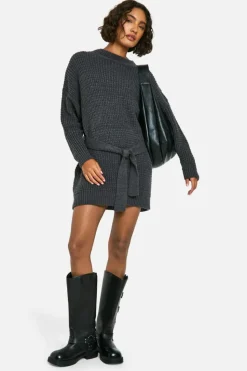 Jumper Dresses|Jumper Dresses*boohoo Tall Belted Knitted Jumper Dress charcoal