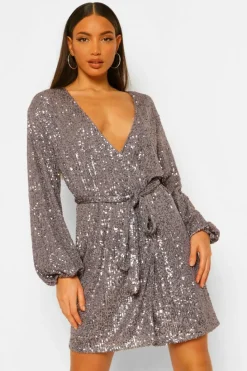 Mini Dresses|Skater Dresses*boohoo Tall Belted Sequin Dress grey
