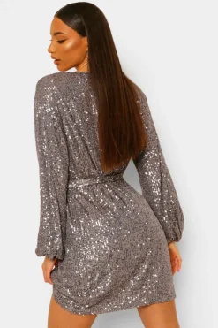 Mini Dresses|Skater Dresses*boohoo Tall Belted Sequin Dress grey
