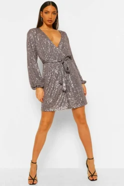 Mini Dresses|Skater Dresses*boohoo Tall Belted Sequin Dress grey