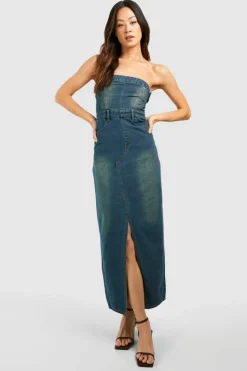 Bodycon Dresses|Dresses*boohoo Tall Bleached Denim Bandaeu Front Split Midaxi Dress mid blue