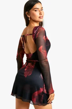 Bodycon Dresses|Mini Dresses*boohoo Tall Blur Floral Mesh Flare Sleeve Mini Dress black