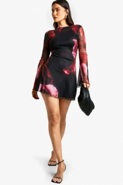 Bodycon Dresses|Mini Dresses*boohoo Tall Blur Floral Mesh Flare Sleeve Mini Dress black