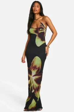Maxi Dresses*boohoo Tall Bold Floral Asymmetric Cowl Drape Maxi Dress black