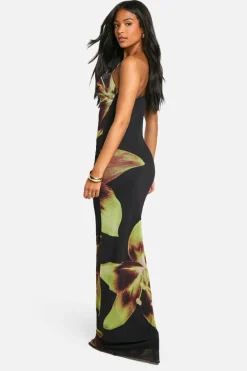 Maxi Dresses*boohoo Tall Bold Floral Asymmetric Cowl Drape Maxi Dress black