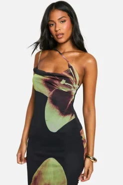 Maxi Dresses*boohoo Tall Bold Floral Asymmetric Cowl Drape Maxi Dress black