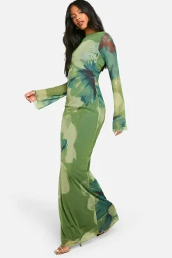 Bodycon Dresses|Maxi Dresses*boohoo Tall Bold Floral Open Back Maxi Dress green