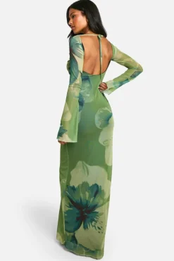 Bodycon Dresses|Maxi Dresses*boohoo Tall Bold Floral Open Back Maxi Dress green