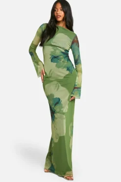 Bodycon Dresses|Maxi Dresses*boohoo Tall Bold Floral Open Back Maxi Dress green