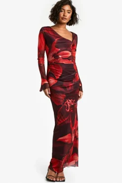 Bodycon Dresses|Maxi Dresses*boohoo Tall Bold Floral Ruched Asymmetric Maxi Dress cranberry