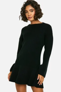 Jumper Dresses|Jumper Dresses*boohoo Tall Brushed Flare Sleeve Knit Skater Dress black