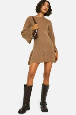 Jumper Dresses|Jumper Dresses*boohoo Tall Brushed Flare Sleeve Knit Skater Dress mocha