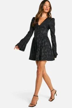 Skater Dresses|Mini Dresses*boohoo Tall Burnout Floral Corset Detail Skater Dress black