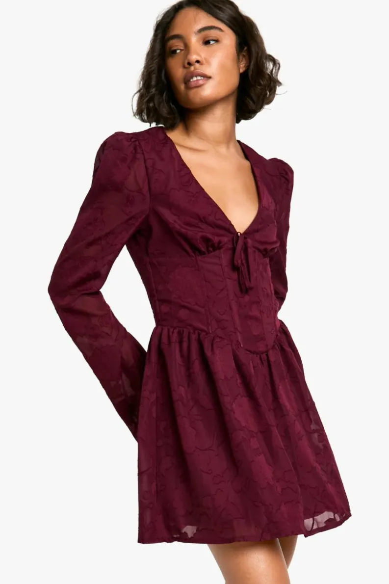 Skater Dresses*boohoo Tall Burnout Floral Corset Detail Skater Dress burgundy