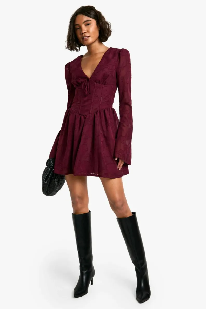 Skater Dresses*boohoo Tall Burnout Floral Corset Detail Skater Dress burgundy