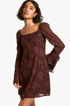Skater Dresses*boohoo Tall Burnout Floral Flare Sleeve Shift Dress chocolate