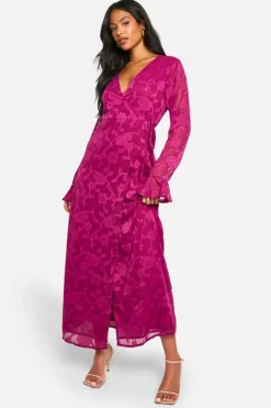 Wrap Dresses|Long Sleeve Dresses*boohoo Tall Burnout Floral Ruffle Wrap Dress plum