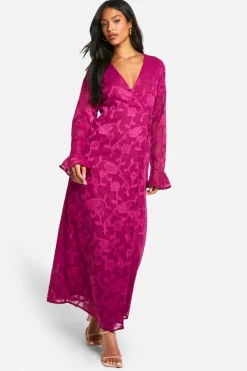 Wrap Dresses|Long Sleeve Dresses*boohoo Tall Burnout Floral Ruffle Wrap Dress plum