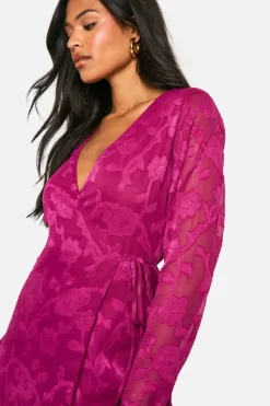 Wrap Dresses|Long Sleeve Dresses*boohoo Tall Burnout Floral Ruffle Wrap Dress plum