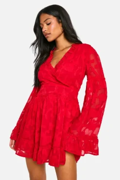 Skater Dresses*boohoo Tall Burnout Floral Ruffle Skater Dress red
