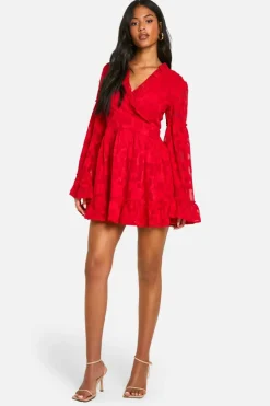 Skater Dresses*boohoo Tall Burnout Floral Ruffle Skater Dress red