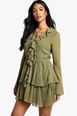 Skater Dresses*boohoo Tall Chiffon Ruffle Plunge Skater Dress olive