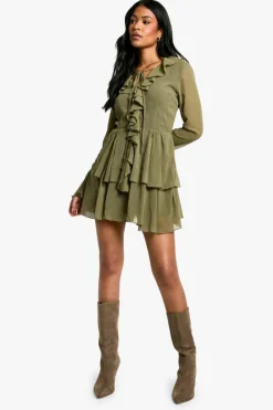 Skater Dresses*boohoo Tall Chiffon Ruffle Plunge Skater Dress olive