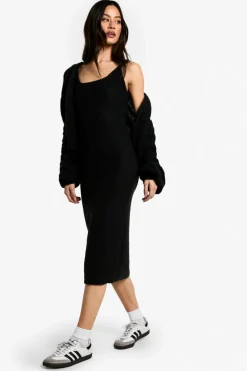 Midi Dresses|Long Sleeve Dresses*boohoo Tall Chunky Knit Dress And Cardigan Co Ord black