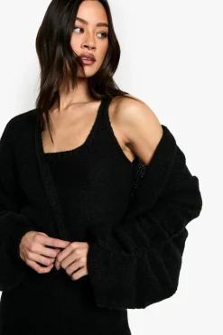 Midi Dresses|Long Sleeve Dresses*boohoo Tall Chunky Knit Dress And Cardigan Co Ord black