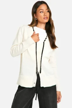Cardigans*boohoo Tall Contrast Ribbon Knitted Cardigan ivory