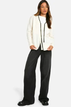 Cardigans*boohoo Tall Contrast Ribbon Knitted Cardigan ivory