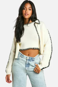 Cardigans|Knitwear*boohoo Tall Contrast Trim Knitted Crop Top And Cardigan Co-ord ecru