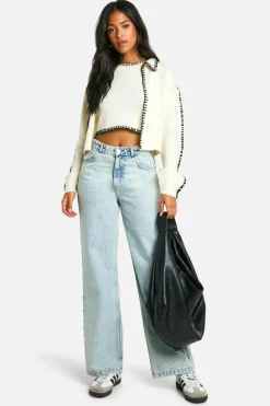 Cardigans|Knitwear*boohoo Tall Contrast Trim Knitted Crop Top And Cardigan Co-ord ecru